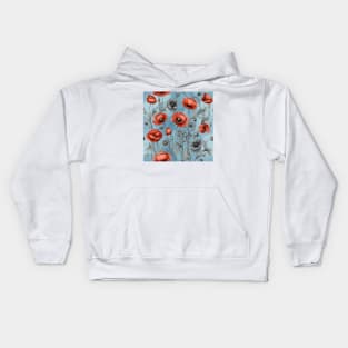 Peachy Red and Ash Poppies Floral Pattern on Dusty Sky Blue Kids Hoodie
